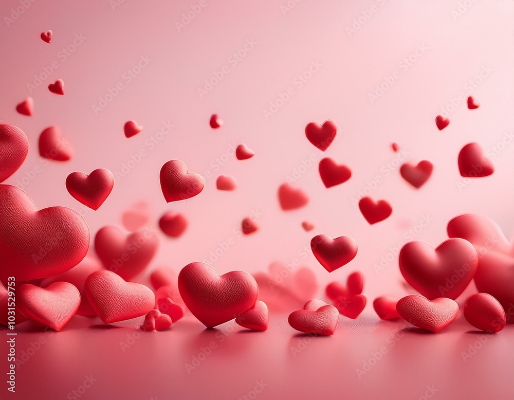Un fondo suave de color rosa pastel con corazones rojos flotando y dispersándose, algunos más nítidos y otros desenfocados para dar una sensación de profundidad.