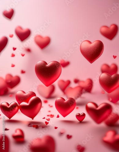 Un fondo suave de color rosa pastel con corazones rojos flotando y dispersándose, algunos más nítidos y otros desenfocados para dar una sensación de profundidad.
