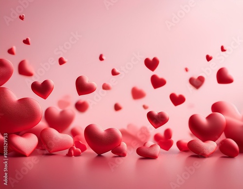 Un fondo suave de color rosa pastel con corazones rojos flotando y dispersándose, algunos más nítidos y otros desenfocados para dar una sensación de profundidad.
