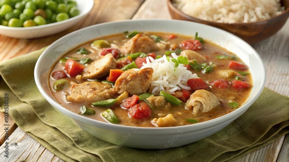Delicious chicken gumbo served in a bowl with rice and vegetables on a rustic wooden table decorated with greenery Delicious chicken gumbo served in a bowl with rice and vegetables on a rustic wooden table decorated with greenery