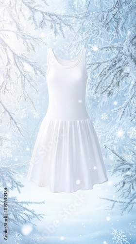 Blank white tank dress floating in a snowy forest, icy branches and soft snowflakes falling around, ethereal winter wonderland fashion mockup