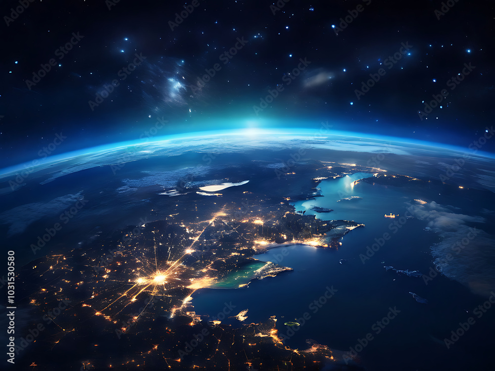 Fototapeta premium glowing earth from space north america at night with city lights and celestial wonders digital illustration