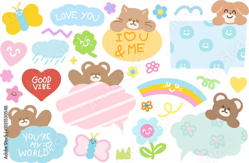 Cute illustrations of teddy bear, cat, butterfly, puppy, rainbow, flowers, heart, good vibe text, stars, cloud, rain for cartoon, text bubbles, comic, dialogue, blossom elements, floral print, sticker