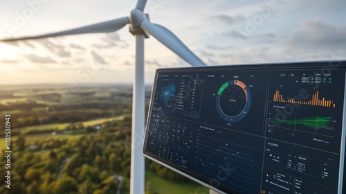 Modern wind turbine with a detailed energy data analytics dashboard in the foreground, displaying real-time statistics and graphs for effective power production monitoring