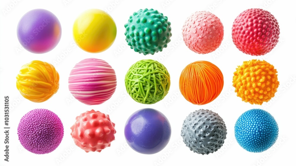Fototapeta premium A collection of various soft and tactile sensory balls in a range of vibrant colors and different geometric textures arranged in a still life composition on a plain white background
