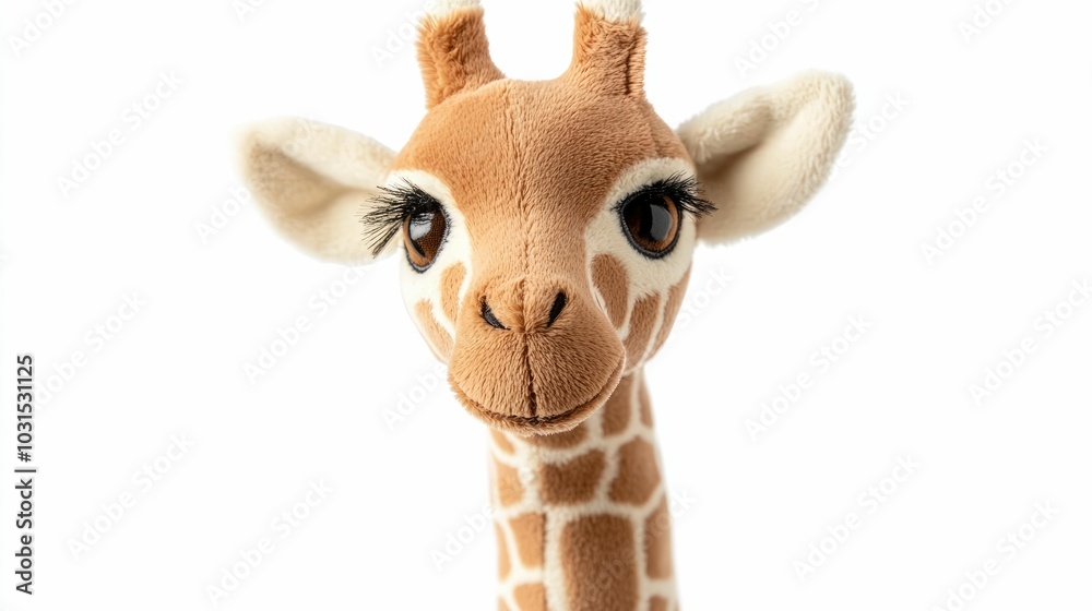 Obraz premium Closeup of a plush giraffe toy with a long neck and soft textured fabric in neutral colors like brown beige and tan isolated on a clean white background This minimalist