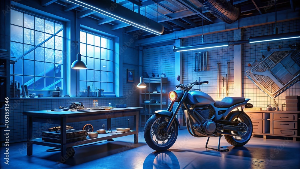 Naklejka premium Night Photography of Motorbike Blueprint in a Modern Workshop for Innovative Design Visualization