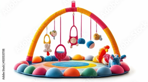 Colorful and inviting activity gym with a variety of hanging toys soft circular mat and other playful elements designed for a baby s or toddler s developmental playtime and on a white background photo