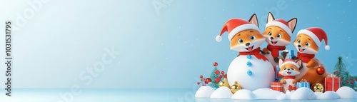 Fox family in Santa hats, building a snowman with Christmas decorations, cute cartoon 3D illustration