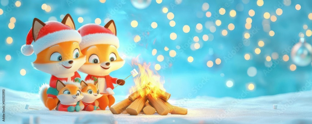 Fox family with Santa hats, roasting marshmallows by a holiday bonfire, cute cartoon 3D illustration Fox family with Santa hats, roasting marshmallows by a holiday bonfire, cute cartoon 3D illustration