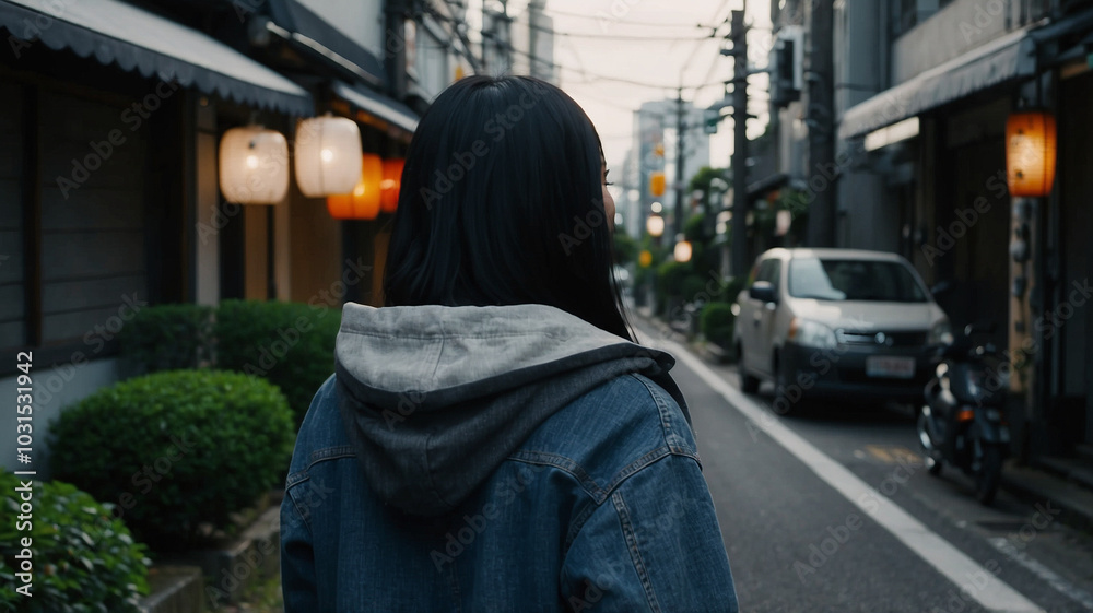 Naklejka premium 通りを歩くグレーパーカーの女の子の後ろ姿