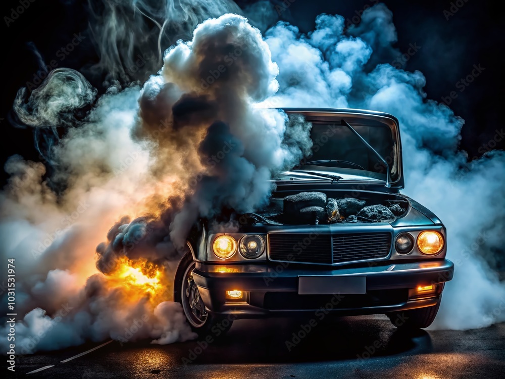 Night Photography of Smoke from Car Engine with Glowing Headlight Night Photography of Smoke from Car Engine with Glowing Headlight