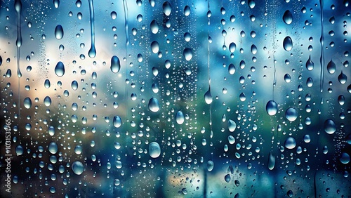 A symphony of water droplets on a glass surface, reflecting the ethereal beauty of a hazy blue sky