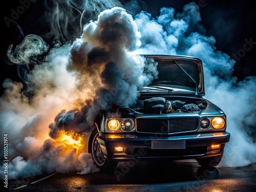 Night Photography of Smoke from Car Engine with Glowing Headlight