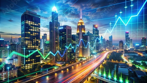 Wallpaper Mural Night Photography of Stock Exchange Market Graph with City Lights and Financial Data Visualization Torontodigital.ca