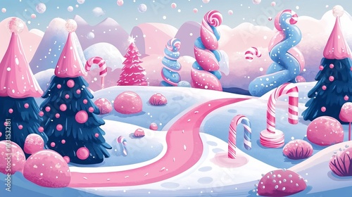 Fantasy candyland landscape with peppermint trees and snow