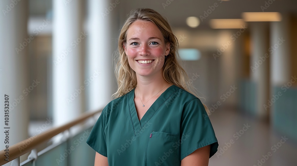 Healthcare professional in scrubs smiling within modern hospital environment - a portrait of dedication and care Healthcare professional in scrubs smiling within modern hospital environment - a portrait of dedication and care