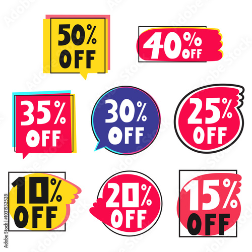 Set of commercial badges, signs, icons about sale. 10% off, 20%off, 30% off, 50% 0ff. Isolated icons. Illustrations on white background. photo