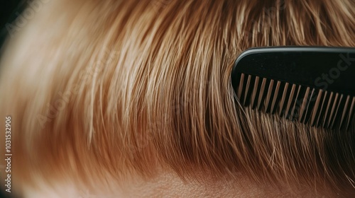 Close up of a professional stylist carefully brushing a woman s blonde curly hair before cutting it at a beauty salon photo