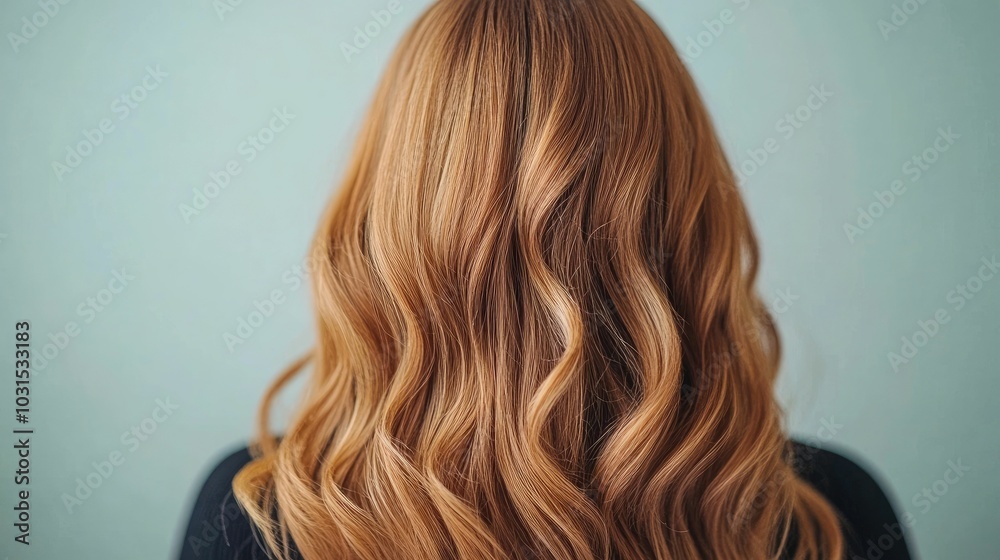 Fototapeta premium Professional stylist creating beautiful beach waves hairstyle with curling iron on woman s long healthy hair in modern beauty salon Hair styling hair care hairstyling services concept