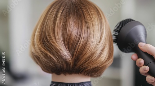 Skilled Hairdresser Meticulously Styling Client s Hair Using a Blow Dryer and Round Brush to Achieve a Blowout Look in a Beauty Salon Setting