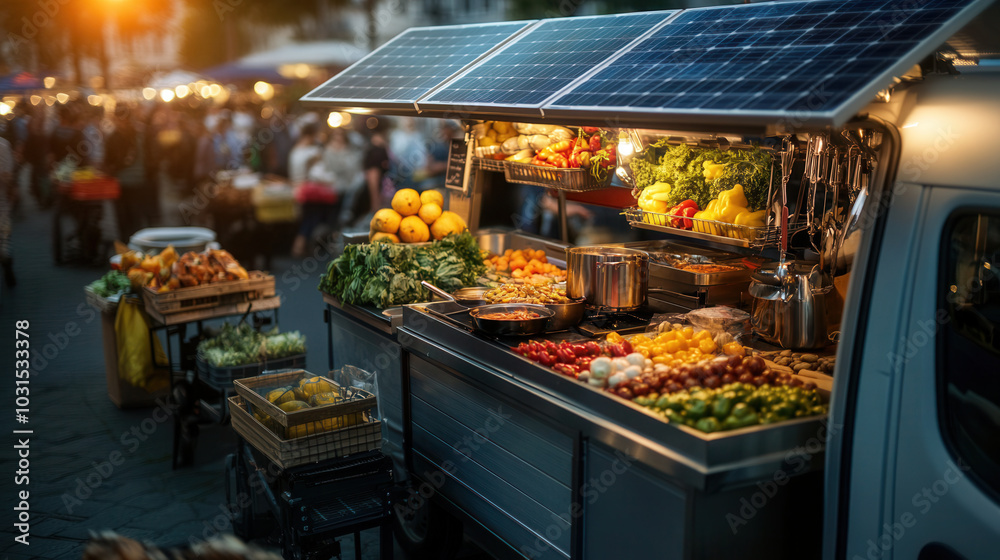 solar powered electric food truck parked at bustling market, showcasing vibrant array of fresh fruits and vegetables. warm evening light enhances inviting atmosphere, making it perfect spot for food solar powered electric food truck parked at bustling market, showcasing vibrant array of fresh fruits and vegetables. warm evening light enhances inviting atmosphere, making it perfect spot for food