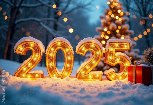Happy new year 2025, numbers design, sign of 2025 on bright shine christmas background
