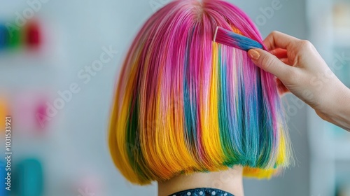 Closeup of a woman s head receiving a vibrant color refresh by a professional stylist in a beauty salon showcasing the expert skill and care involved in a hair makeover service photo