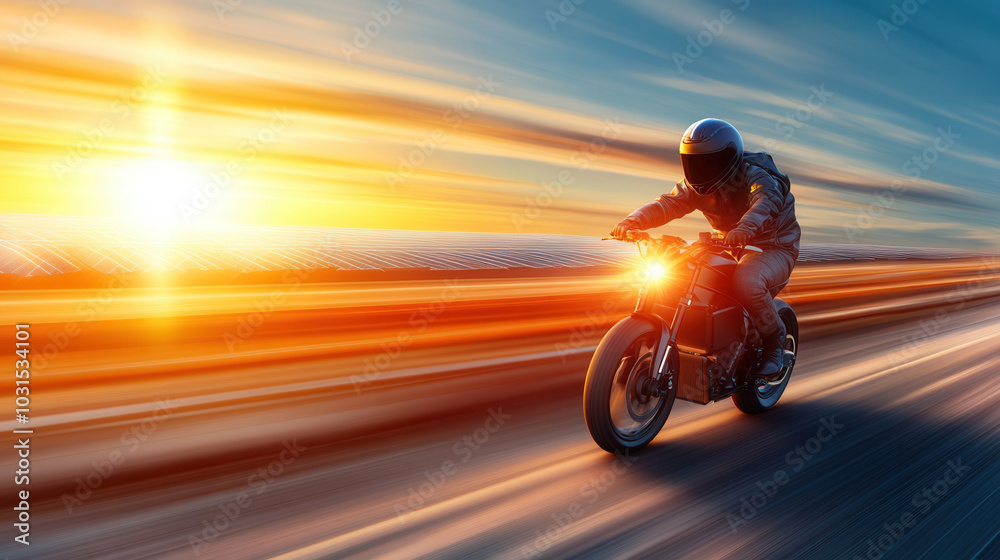 Fototapeta premium dynamic electric motorbike racing down rural road at sunset, showcasing speed and excitement. vibrant colors of sunset enhance thrilling atmosphere of scene