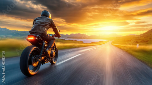 Wallpaper Mural motorbike racing down rural road at sunset, surrounded by scenic mountains and solar panels, evokes sense of freedom and adventure Torontodigital.ca