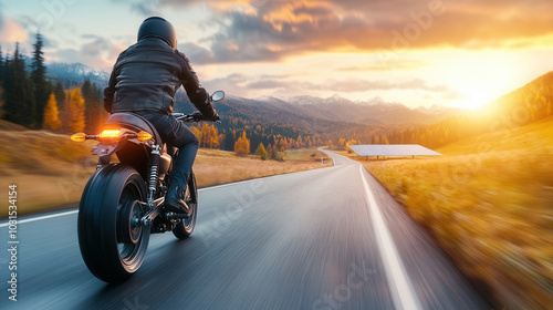 Wallpaper Mural motorbike racing down rural road during sunset, surrounded by mountains and fields, evokes sense of freedom and adventure. vibrant colors of sky enhance thrilling atmosphere Torontodigital.ca