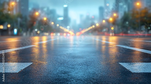 Captivating urban nightscape a rain-soaked road with glowing city lights and gentle reflections on the pavement