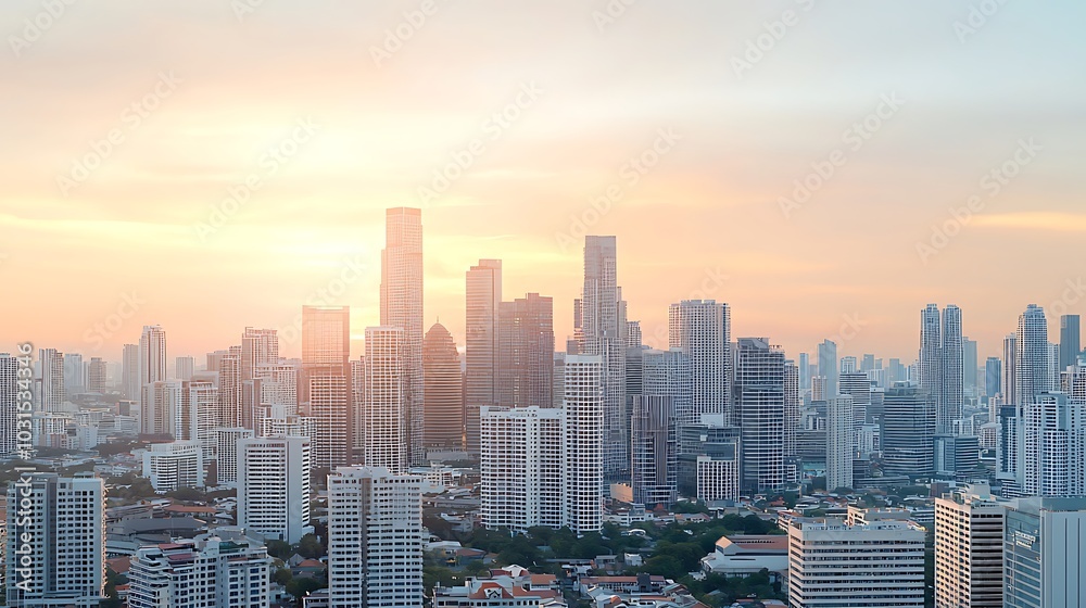 Fototapeta premium Stunning urban sunset a serene overlook of a bustling cityscape bathed in golden light for a captivating evening view