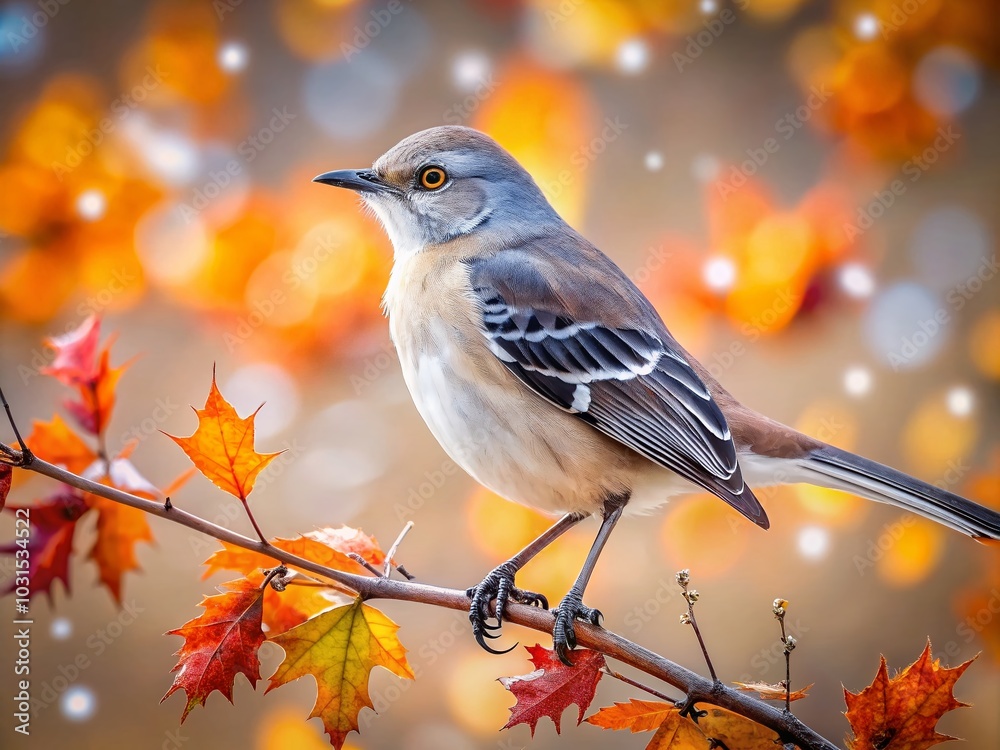 Northern Mockingbird Perched on Oak Tree Branch with Bokeh Background and Raindrops in Winter in Virginia