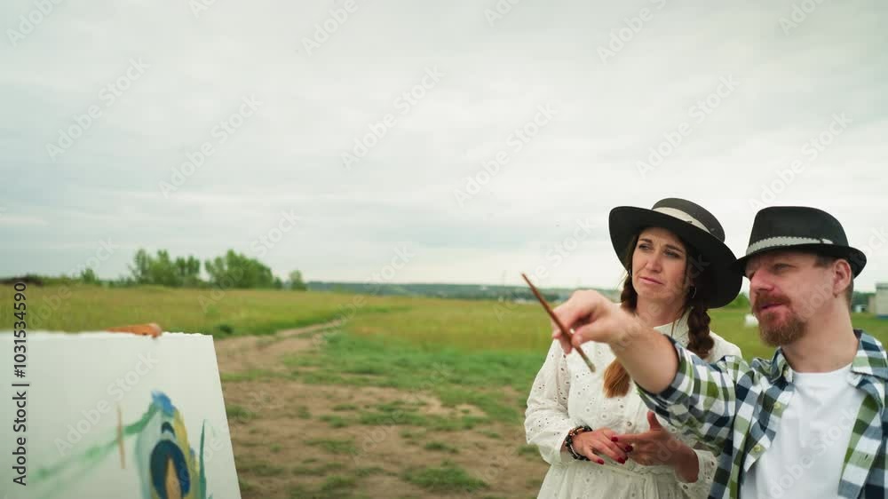 painter wearing a checkered shirt and hat is pointing with a brush,to a woman beside him, dressed in a white dress and hat. They are in a grassy field with a partially painted canvas in the background painter wearing a checkered shirt and hat is pointing with a brush,to a woman beside him, dressed in a white dress and hat. They are in a grassy field with a partially painted canvas in the background