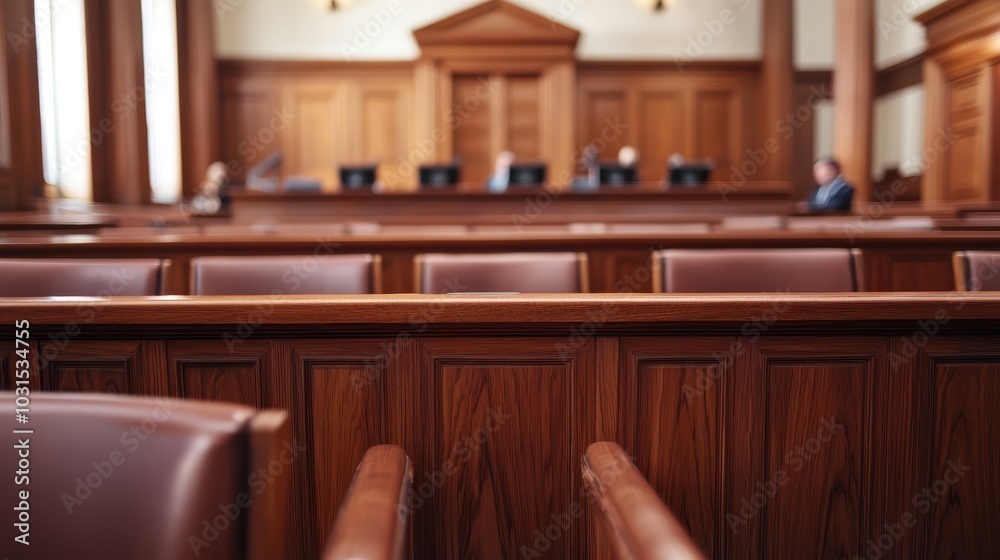 Fototapeta premium A courtroom scene featuring wooden furnishings, empty benches, and a dignified atmosphere, suggesting a solemn legal environment.
