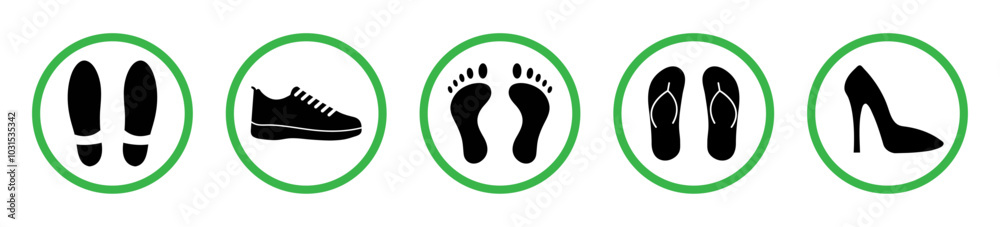 No foot slipper and shoes sign symbol. Sandal ban black silhouette icon set in green circle. Shoes ban sign. Do not walk in this area sign. No step here forbidden sign. Prohibited casual shoes. No foot slipper and shoes sign symbol. Sandal ban black silhouette icon set in green circle. Shoes ban sign. Do not walk in this area sign. No step here forbidden sign. Prohibited casual shoes.