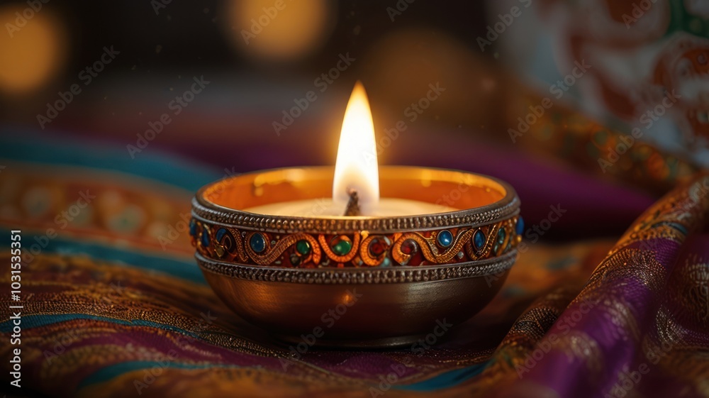A single lit candle in a golden holder, resting on a colorful fabric, with a bokeh background. A single lit candle in a golden holder, resting on a colorful fabric, with a bokeh background.