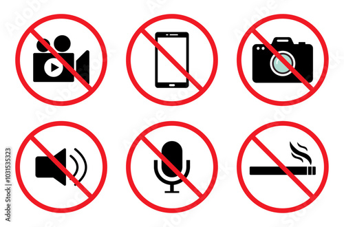 No smoking, videography, cell phone, video camera, mute and speaker sign symbol isolated set. Prohibited permission signs set isolated. Prohibited ban vector sign icon symbol set in red cross circle.