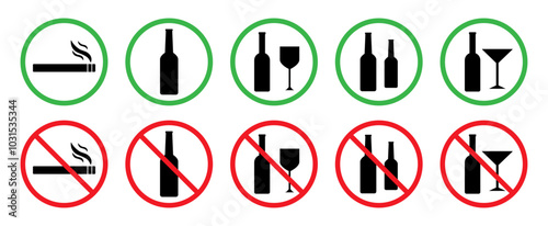 Alcohol allowed or not allowed sign symbols. Alcohol permission signs set isolated. Drink alcohol or non-drink alcohol in this area sign. Prohibited icons of drink alcohol. Prohibited smoking symbol.