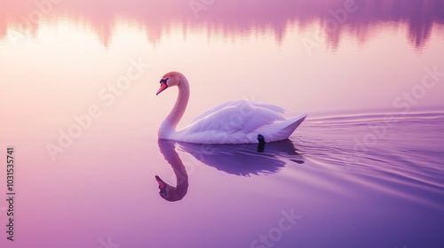 A graceful white swan swims across a calm lake with a pink sunrise in the background. Its reflection mirrors the beauty of the scene.