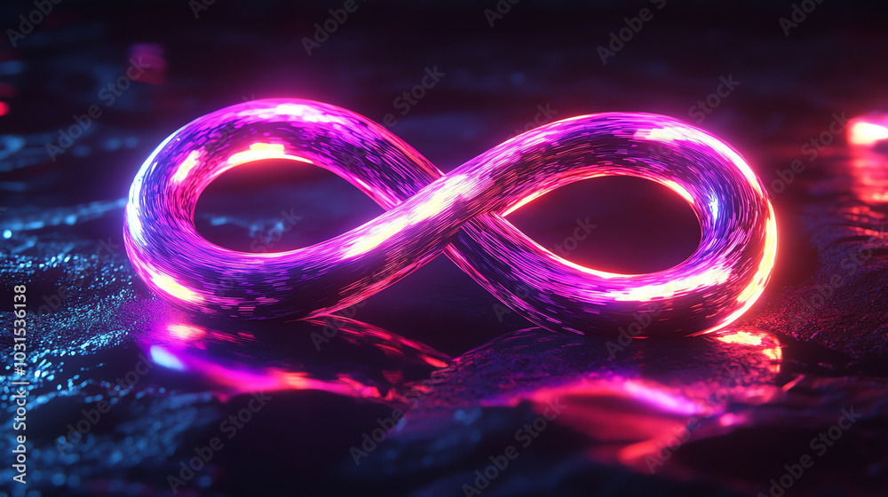 Create a glowing infinity symbol with vibrant neon colors, reflecting a futuristic, tech-inspired aesthetic on a dark background, with digital light trails.