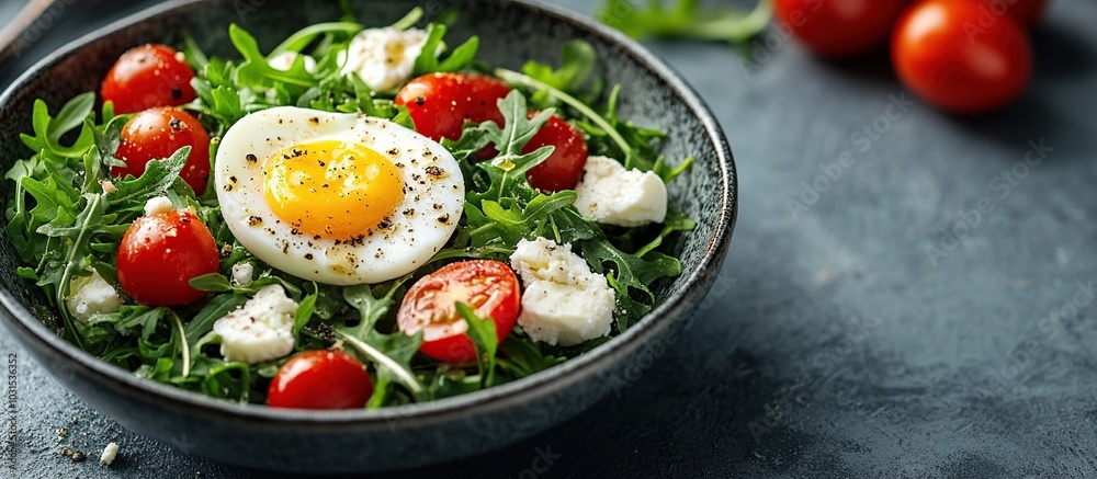 Arugula Salad with Soft Boiled Egg, Cherry Tomatoes and Feta Cheese Arugula Salad with Soft Boiled Egg, Cherry Tomatoes and Feta Cheese