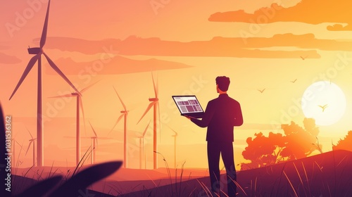 Sunrise Over Wind Turbines with Person Using Laptop