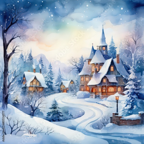 Watercolor Christmas village in the snow, Christmas card illustration.