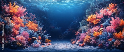 Vibrant underwater scene showcasing colorful coral reefs and marine life.