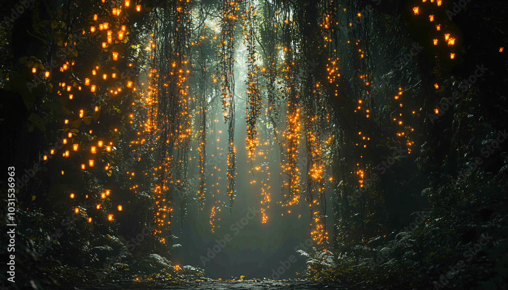 A dense rainforest where vines move like serpents, twisting and coiling around trees A dense rainforest where vines move like serpents, twisting and coiling around trees
