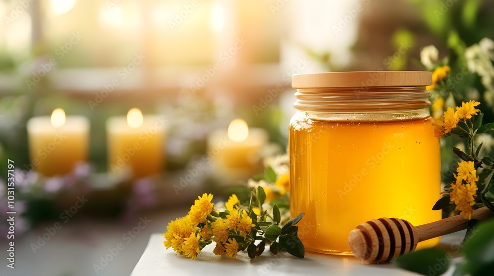 A rustic honey jar, hand-crafted label, wooden dipper, wildflowers, beeswax candles, farmhouse style, soft lighting, isolated on white background A rustic honey jar, hand-crafted label, wooden dipper, wildflowers, beeswax candles, farmhouse style, soft lighting, isolated on white background