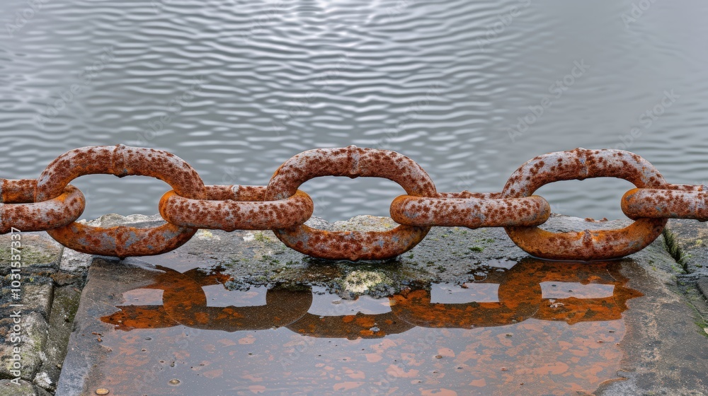 Rusty Chain Links Reflecting on Water Surface Rusty Chain Links Reflecting on Water Surface