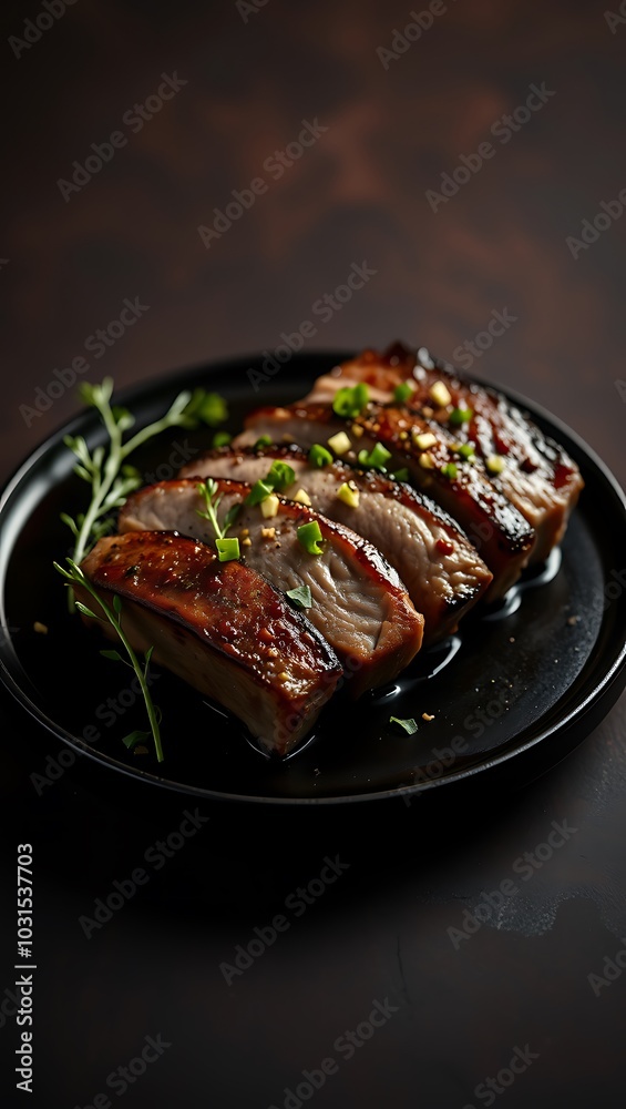 Fototapeta premium Delicious baked pork belly served with sauce and parsley